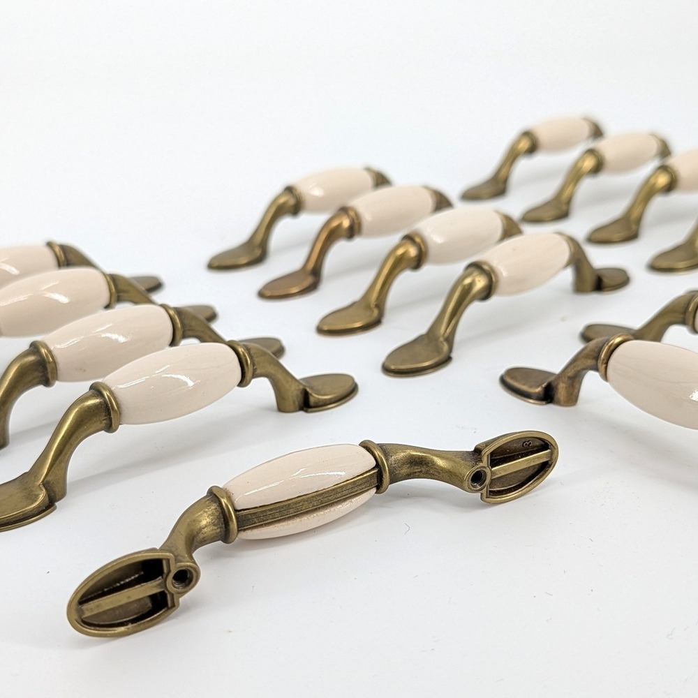 15 Vintage Style Drawer Pulls Cream Ceramic Antique Brass Cabinet Handles 3" CC - Picture 3 of 5